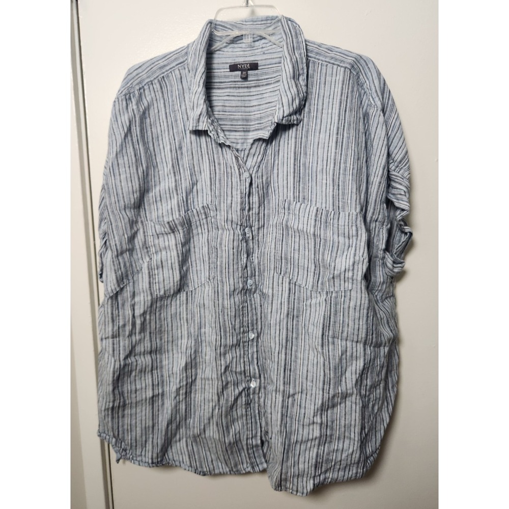NYDJ Striped Blue Linen Button Down Tunic Short Sleeves Sz 2X Pockets Resortwear
